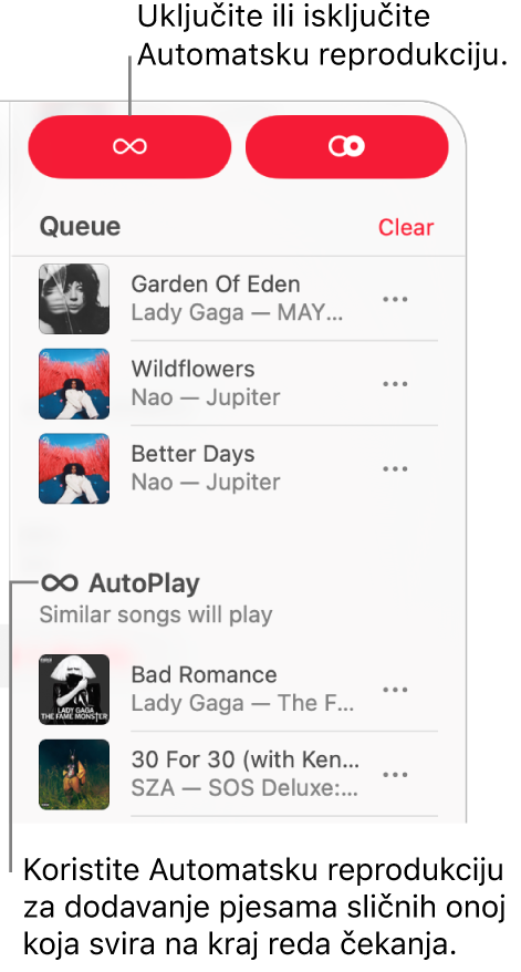 Red čekanja vidljiv je u gornjem desnom kutu aplikacije Apple Music. Pojavljuju se odjeljci Nastavi reproducirati i Automatska reprodukcija.
