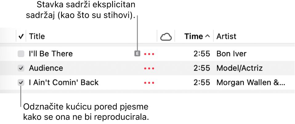 Detalj popisa s pjesma u aplikaciji Glazba, s prikazanim potvrdnim kućicama s lijeve strane i eksplicitnim simbolom za prvu pjesmu (koja ukazuje da ima eksplicitan sadržaj poput stihova). Odznačite kućicu pored pjesme za sprečavanje reprodukcije.