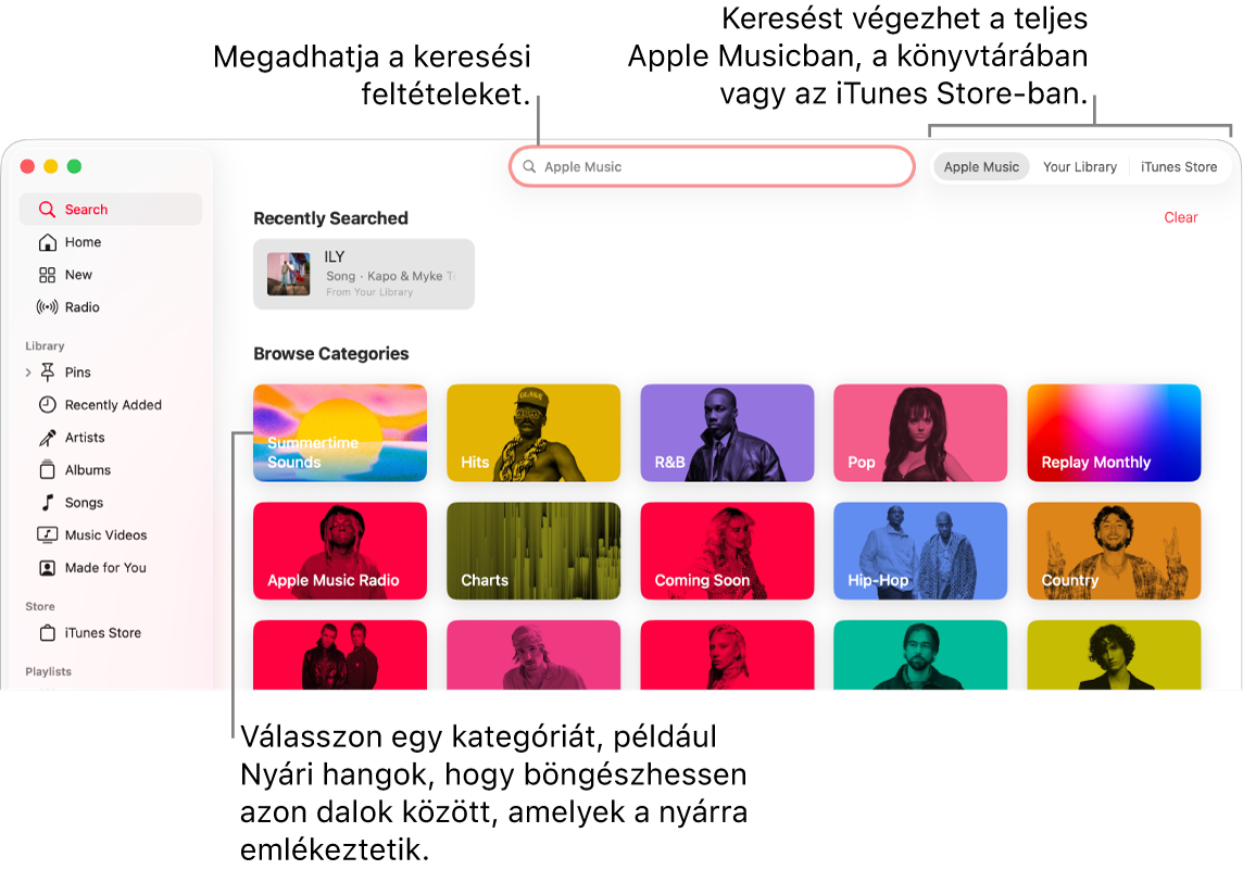 Az Apple Music ablaka a keresési mezővel a bal felső sarokban, a kategóriák listájával az ablak közepén, valamint az Apple Music, a Könyvtár és az iTunes Store elemekkel a jobb felső sarokban. Adja meg a keresési feltételeket a keresési mezőben, majd válassza ki, hogy az Apple Musicban, csak a saját könyvtárában vagy az iTunes Store-ban szeretne keresni.