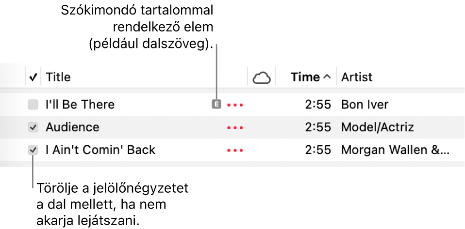 A dallista részlete a zenék között, bal oldalon a jelölőnégyzetek képével és egy szókimondó szimbólummal az első dal mellett (ezzel jelölve, hogy szókimondó tartalommal, például dalszöveggel rendelkezik). A lejátszás kihagyásához törölje a dal melletti jelölőnégyzet jelölését.