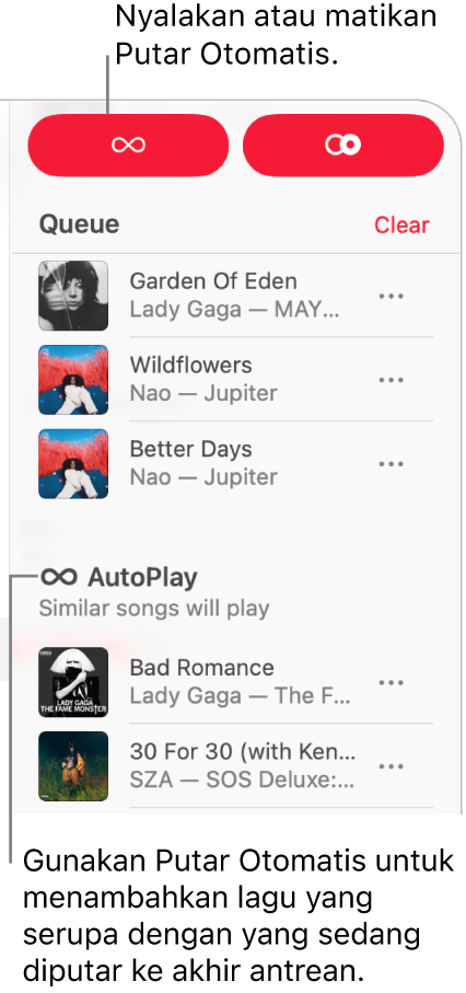 Antrean terlihat di pojok kanan atas Apple Music. Bagian Lanjutkan Memutar dan Putar Otomatis muncul.
