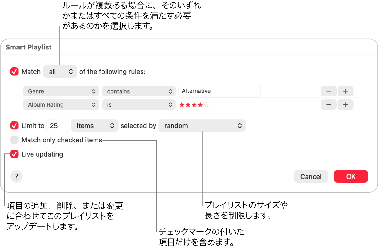 「スマートプレイリスト」ダイアログ: 左上隅で「対象メディア」を選択してから、プレイリストの条件（ジャンルや評価など）を指定します。続けて、右上隅にある追加または削除ボタンをクリックして、ルールを追加または削除していきます。ダイアログの下部でさまざまなオプション（プレイリストのサイズや長さを制限したり、チェックマークのある曲のみを含めたり、ライブラリ内の項目の変更に合わせてプレイリストをアップデートしたりするなど）を選択します。