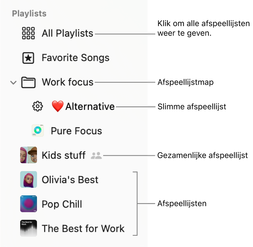 In de navigatiekolom van Muziek zie je een afspeellijstmap en de diverse typen afspeellijsten: Favoriete nummers, slimme afspeellijsten, gezamenlijke afspeellijsten en andere afspeellijsten. Klik op 'Alle afspeellijsten' om ze allemaal te bekijken.