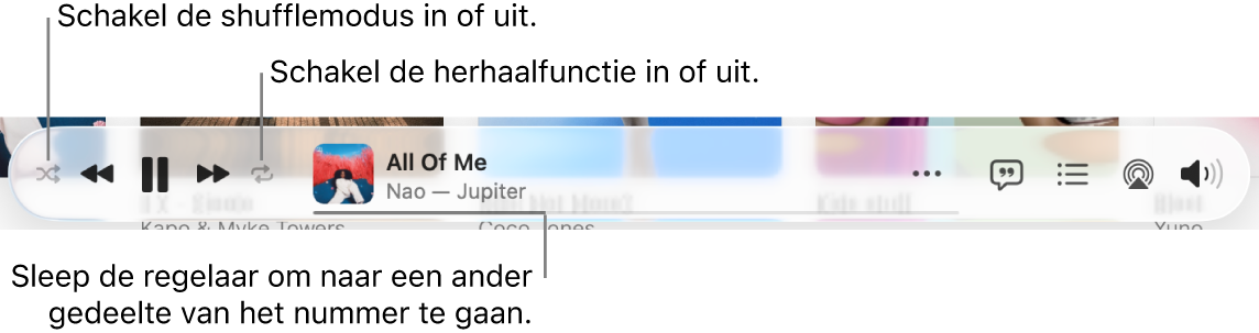 De onderkant van de Apple Music-pagina waarin een nummer wordt afgespeeld. De afspeelregelaars bevinden zich aan de linkerkant. De shuffleknop staat links van de afspeelregelaars en de herhaalknop staat rechts van de regelaars. Sleep de afspeelkop om een ander deel van het nummer te beluisteren.