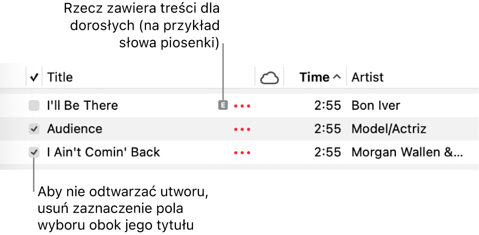 Fragment listy utworów w kategorii Muzyka z widocznymi polami wyboru. Pierwszy utwór oznaczony jest jako przeznaczony tylko dla osób dorosłych (ponieważ na przykład jego słowa zawierają wulgaryzmy). Jeśli utwór nie ma być odtwarzany, należy usunąć zaznaczenie jego pola wyboru.