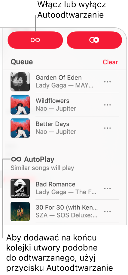 Kolejka jest widoczna w prawym górnym rogu okna Apple Music. Pojawią się sekcje Odtwarzaj ciągle i Autoodtwarzanie.