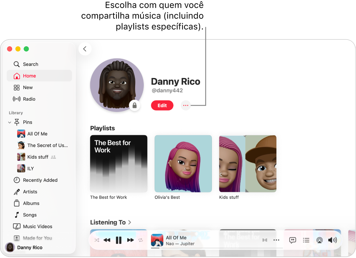 Página de perfil no Apple Music: no topo da janela, clique no botão Mais (à direita do botão Editar) para compartilhar a sua música.