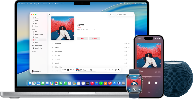 Uma música tocando em um Mac, iPhone e Apple Watch, com um HomePod.