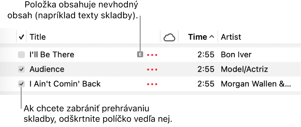 Detail zoznamu skladieb v apke Hudba znázorňujúci zaškrtávacie políčka a symbol nevhodného obsahu pre prvú skladbu (označuje, že sa tam nachádza nevhodný obsah, ako napríklad text). Ak chcete zabrániť, aby sa skladba prehrávala, zrušte zaškrtnutie polička vedľa danej skladby.