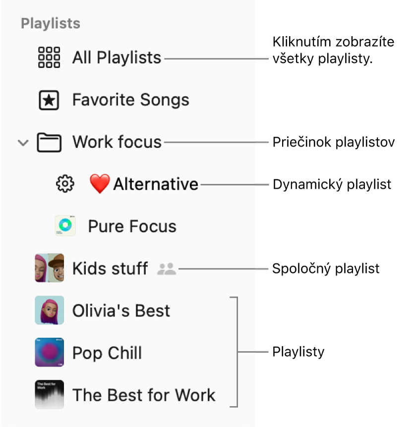 Postranný panel Hudba zobrazujúci priečinok playlistov a rôzne typy playlistov: Obľúbené skladby, Inteligentné, Spolupráca a playlisty. Kliknutím na Všetky playlisty zobrazíte všetky playlisty.