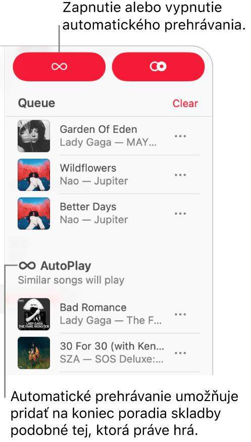 Poradovník je viditeľný v pravom hornom rohu Apple Music. Zobrazia sa sekcie Pokračovať v prehrávaní a Automatické prehrávanie.