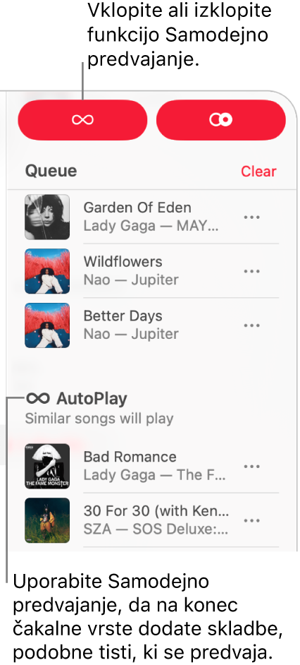 Čakalna vrsta je vidna v zgornjem desnem kotu aplikacije Apple Music. Prikažeta se razdelka Nadaljuj predvajanje in Samodejno predvajanje.