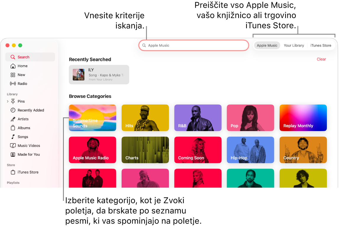 Okno storitve Apple Music, ki v zgornjem levem kotu prikazuje iskalno polje, na sredini seznam kategorij, v zgornjem desnem kotu pa možnosti Apple Music, Vaša knjižnica in iTunes Store. V iskalno polje vnesite merila iskanja in izberite, ali želite iskati po celotni storitvi Apple Music, samo v knjižnici ali v trgovini iTunes Store.
