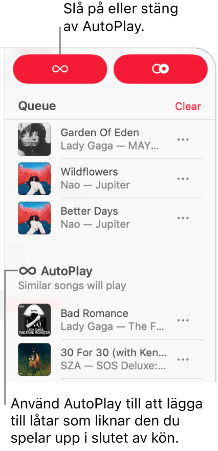 Kön är synlig i övre högra hörnet av Apple Music. Avsnitten Fortsätt spela och AutoPlay visas.