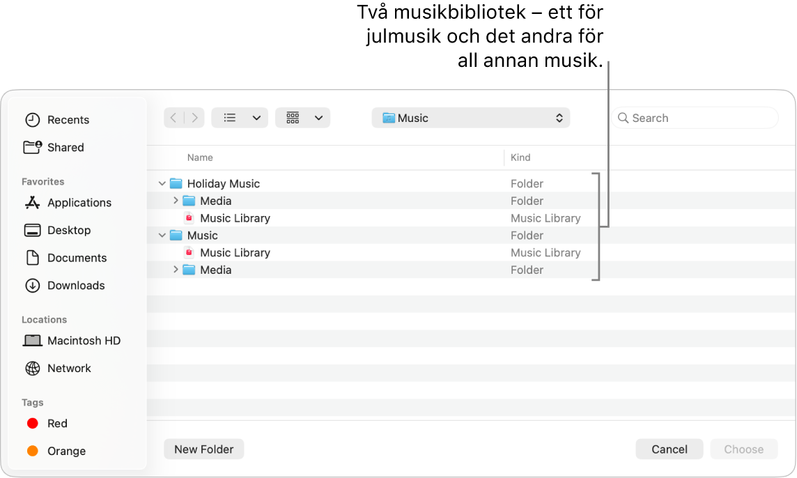 Finder-fönstret med flera bibliotek: ett för julmusik och de andra för all annan musik.