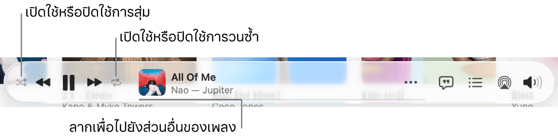ด้านล่างสุดของแอปเพลงที่มีเพลงกำลังเล่นอยู่ ตัวควบคุมการเล่นอยู่ทางด้านซ้ายสุด ปุ่มสุ่มอยู่ทางด้านซ้ายของตัวควบคุมการเล่น และปุ่มเล่นซ้ำอยู่ทางด้านขวาของตัวควบคุม ลากตัวชี้ตำแหน่งเพื่อไปยังส่วนอื่นของเพลง