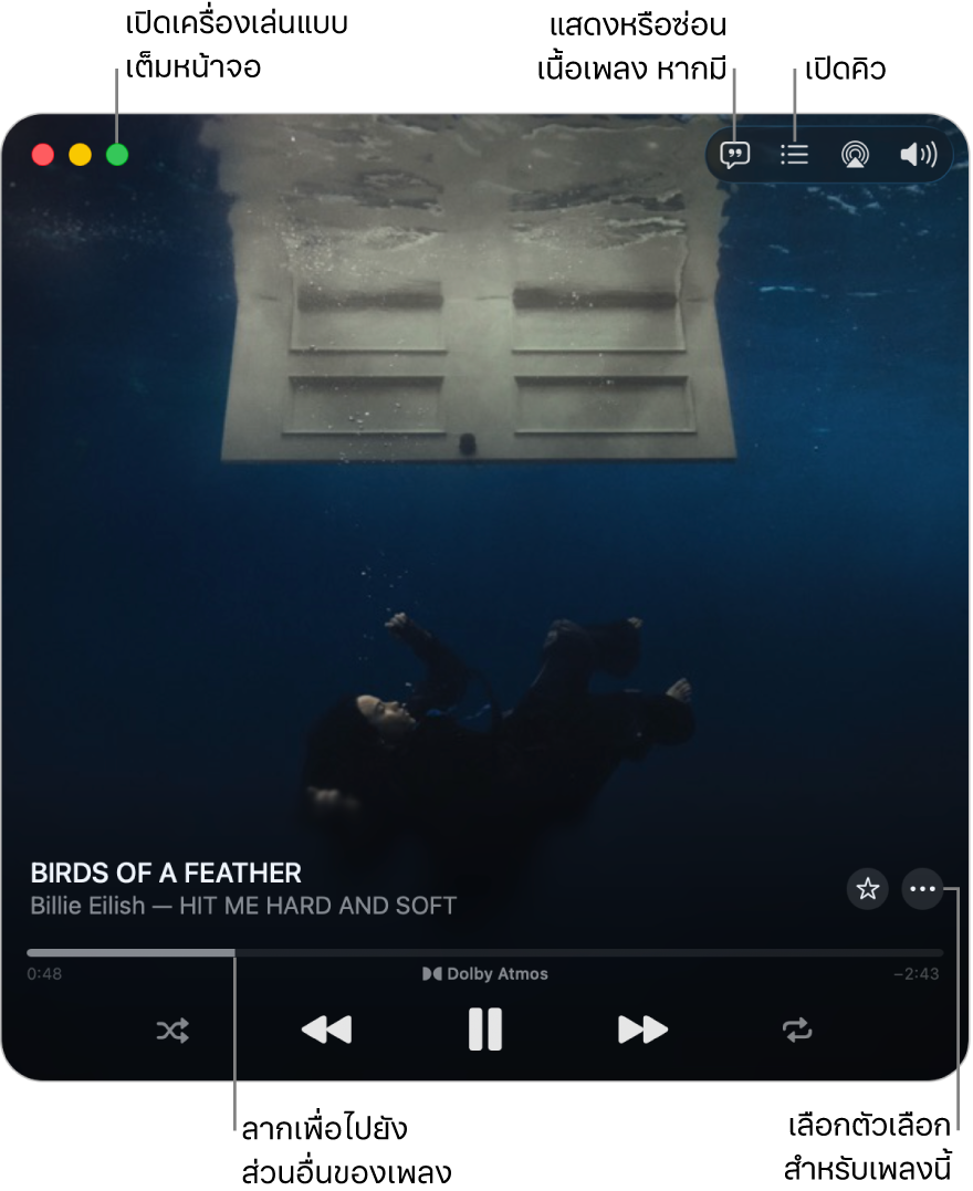 เครื่องเล่นขนาดเล็กที่ขยายออกแล้วซึ่งแสดงตัวควบคุมของเพลงที่กำลังเล่น ที่มุมซ้ายบนสุดคือตัวควบคุมหน้าต่างที่ใช้เปิดและปิดเครื่องเล่นแบบเต็มหน้าจอ ส่วนหลักของหน้าต่างแสดงภาพหน้าปกอัลบั้มสำหรับเพลงที่กำลังเล่น ด้านล่างภาพหน้าปกคือแถบเลื่อนเพื่อเลื่อนไปยังส่วนอื่นของเพลง และปุ่มเพื่อปรับระดับเสียง แสดงเนื้อเพลง และเปิดคิว