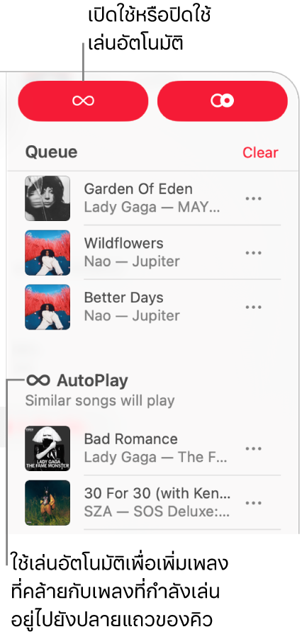 คิวแสดงอยู่ที่มุมขวาบนสุดของแอปเพลง ส่วนเล่นต่อและเล่นอัตโนมัติแสดงอยู่
