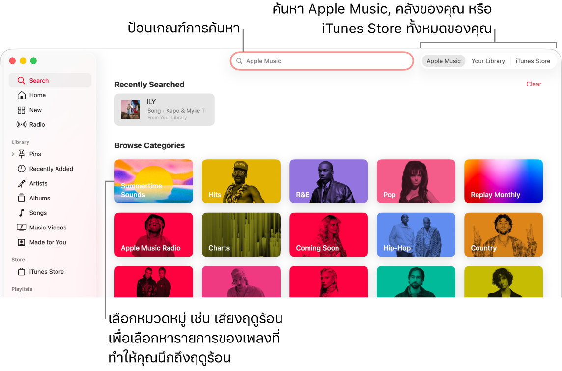 หน้าต่าง Apple Music ที่แสดงช่องค้นหาที่มุมซ้ายบนสุด รายการหมวดหมู่ที่กึ่งกลางของหน้าต่าง และ Apple Music, คลังของคุณ และ iTunes Store ที่มุมขวาบนสุด ป้อนเกณฑ์การค้นหาในช่องค้นหา จากนั้นเลือกว่าจะให้ค้นหาทั้งหมดใน Apple Music, เฉพาะคลังของคุณ หรือ iTunes Store