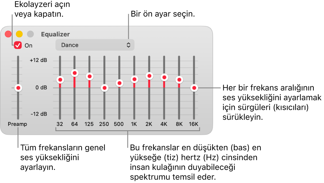 Ekolayzer penceresi: Müzik ekolayzerini etkinleştirmeyi sağlayan onay işareti sol üst köşede bulunur. Bunun yanında ekolayzer ön ayarlarını içeren açılır menü yer alır. En sol tarafta, ön amfili frekansların genel ses yüksekliğini ayarlayın. Ekolayzer ön ayarlarının alt tarafında, en düşükten en yükseğe insan kulağının duyabileceği spektrumu temsil eden farklı frekans aralıklarının ses düzeyini ayarlayın.