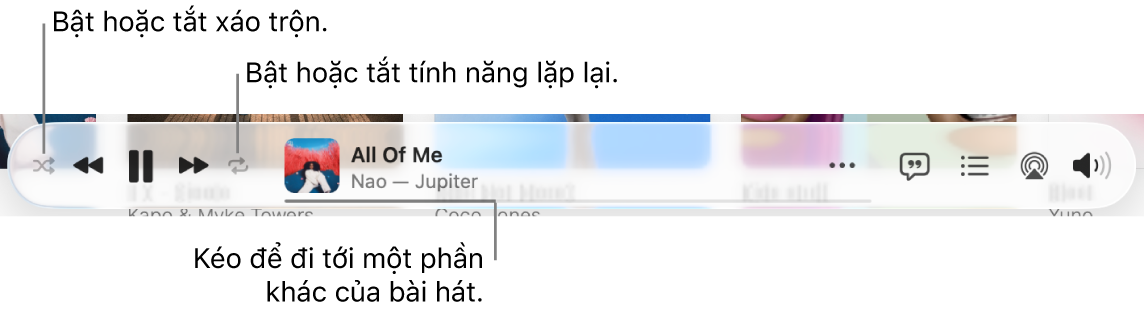 Phần dưới cùng của Apple Music với một bài hát đang phát. Các điều khiển phát lại nằm ở phía xa bên trái. Nút Xáo trộn nằm ở bên trái của các điều khiển phát lại và nút Lặp lại nằm ở bên phải của các điều khiển. Kéo đầu phát để đi tới phần khác của bài hát.