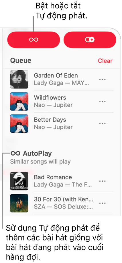 Hàng đợi hiển thị ở góc trên cùng bên phải của Apple Music. Các phần Tiếp tục phát và Tự động phát xuất hiện.