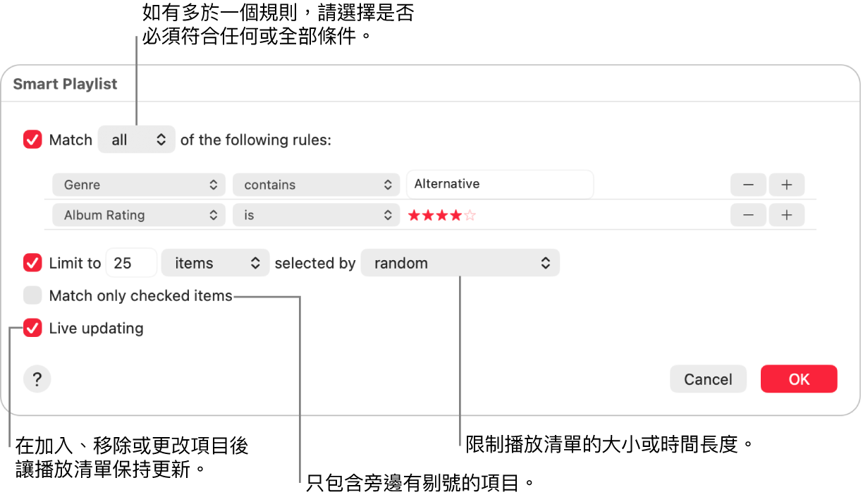 「智慧型播放清單」對話框： 在左上角，選擇「符合」，然後指定播放清單條件（例如類型或喜好程度）。 按一下右上角的「加入」或「移除」按鈕來繼續加入或移除規則。 在對話框下半部選擇各種選項，例如限制播放清單的大小或持續時間、只包含剔選的歌曲，或讓「音樂」在資料庫中的項目有所更動時即更新播放清單。