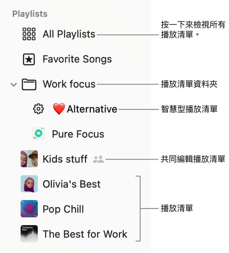 「音樂」側邊欄顯示播放清單資料夾和不同類型的播放清單： 「心水歌曲」、「智慧型」、「共同編輯」和播放清單。 按一下「所有播放清單」來查看所有播放清單。
