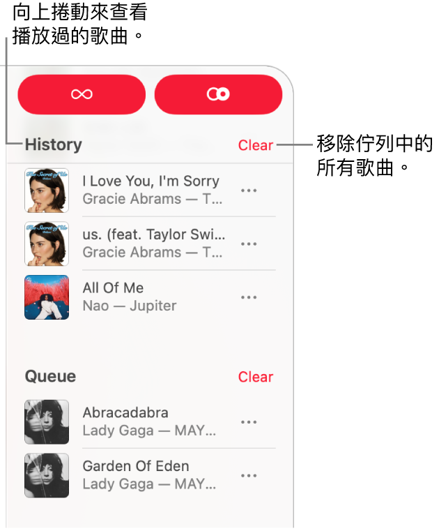 佇列可以在 Apple Music 右上角看到。「歷史」、「佇列」和「繼續播放」區域顯示。