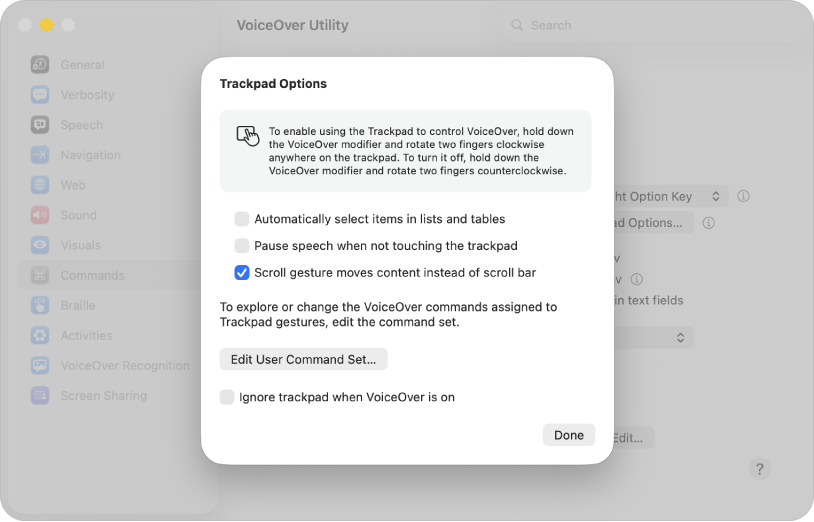 Une zone de dialogue dans Utilitaire VoiceOver, avec des réglages permettant d’utiliser le trackpad pour contrôler VoiceOver.