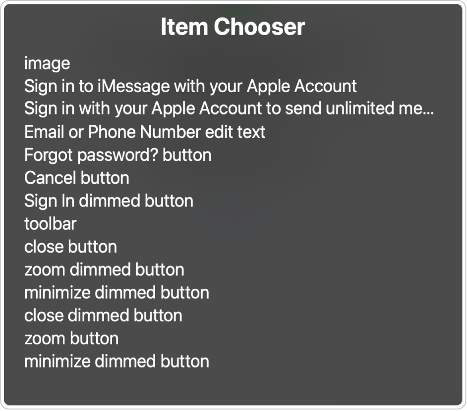 Az Elemválasztó panel megjeleníti az elemeket a képernyőn a gyors navigációhoz.