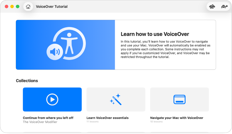 O tutorial interativo do VoiceOver com informações sobre como utilizar o VoiceOver.