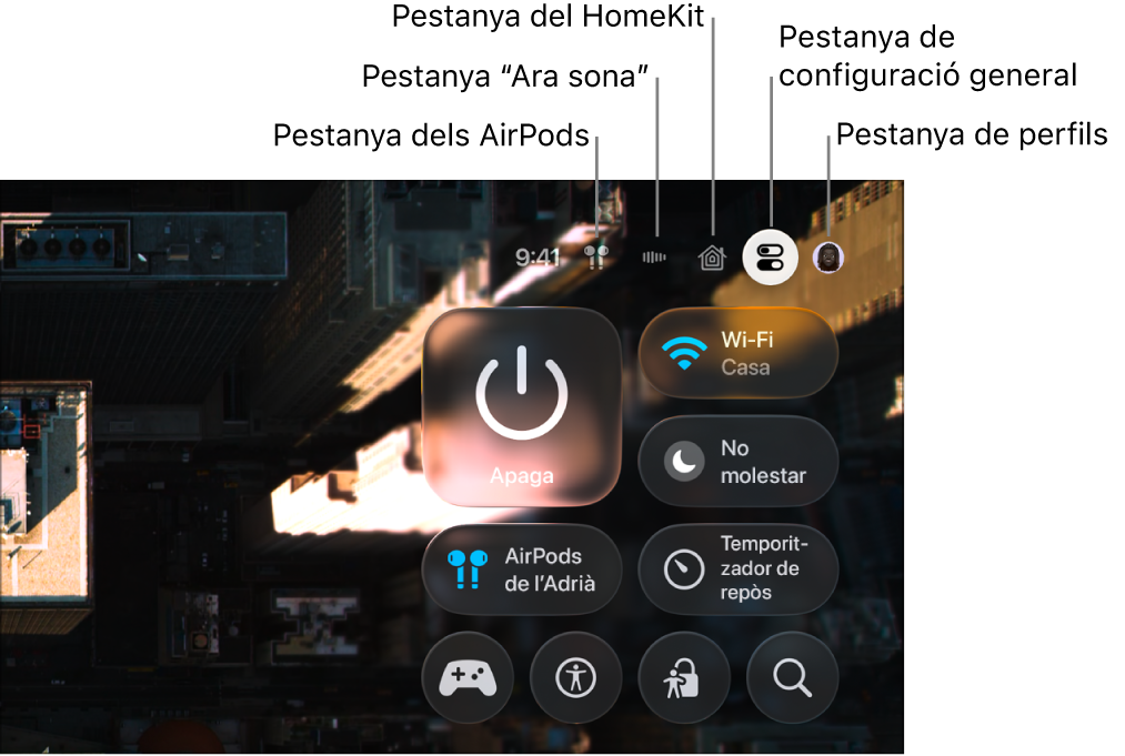 Il·lustració que mostra les pestanyes del centre de control.
