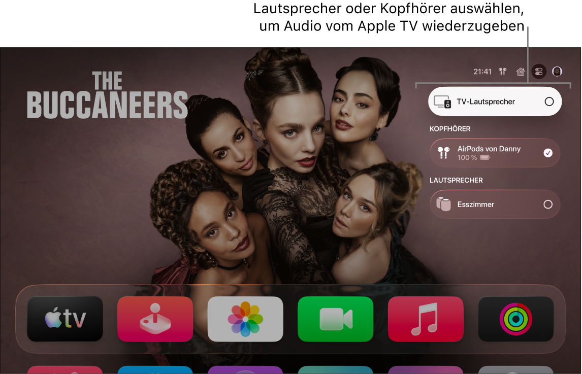 Apple TV-Bildschirm mit Kontrollzentrum und Audiosteuerelementen