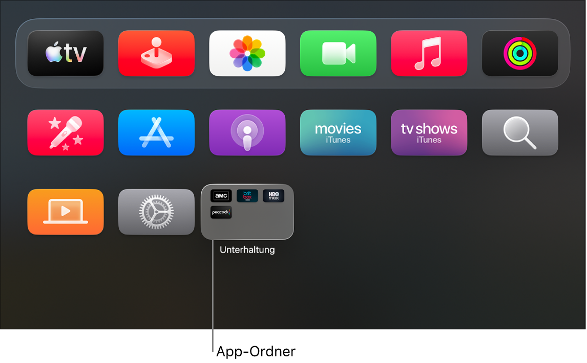 Der Home-Bildschirm des Apple TV zeigt einen App-Ordner an.