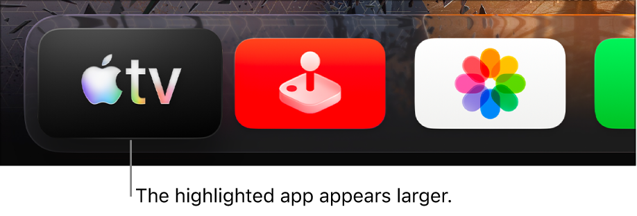 The Apple TV app highlighted in the top row of the Apple TV Home Screen.
