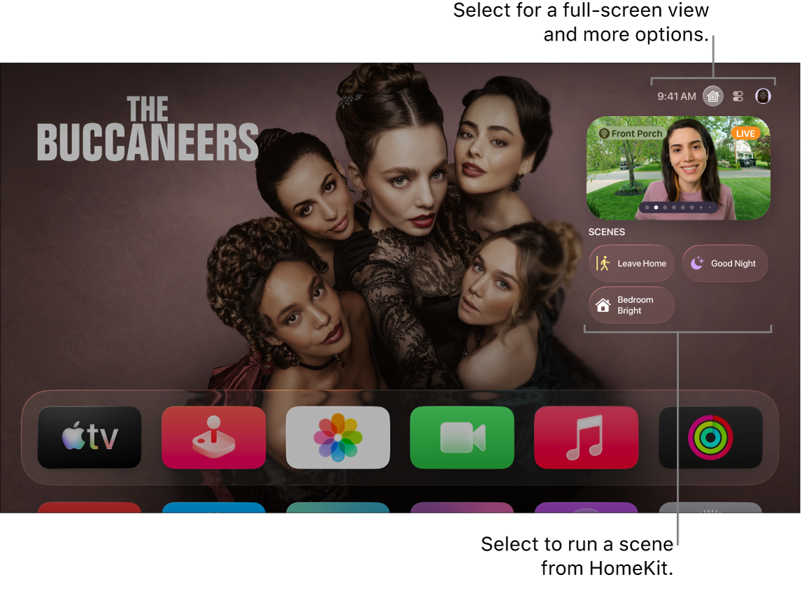 Apple TV screen showing Apple Home tab.