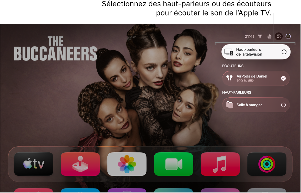 Écran de l’Apple TV qui affiche les commandes audio du centre de contrôle
