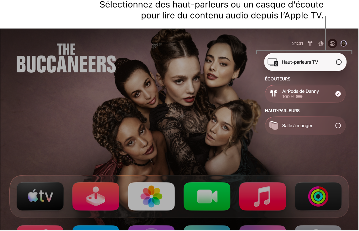 Écran de l’Apple TV avec les commandes audio du centre de contrôle