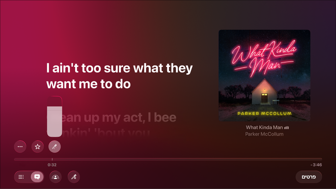 מסך ״מתנגן עכשיו״ המציג את Apple Music Sing.