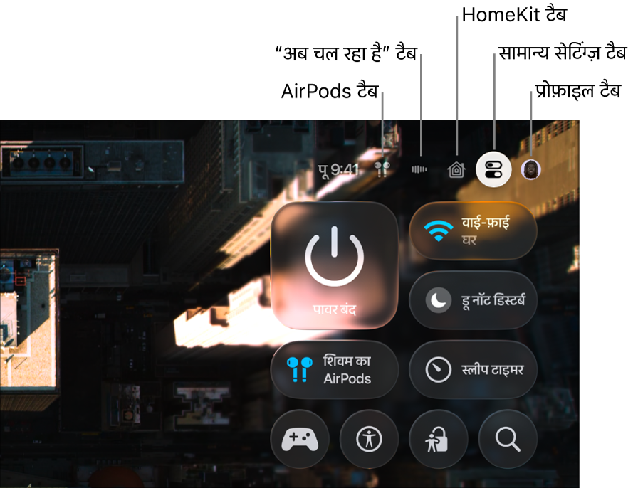 चित्रण जो कंट्रोल सेंटर में टैब दिखा रहा है