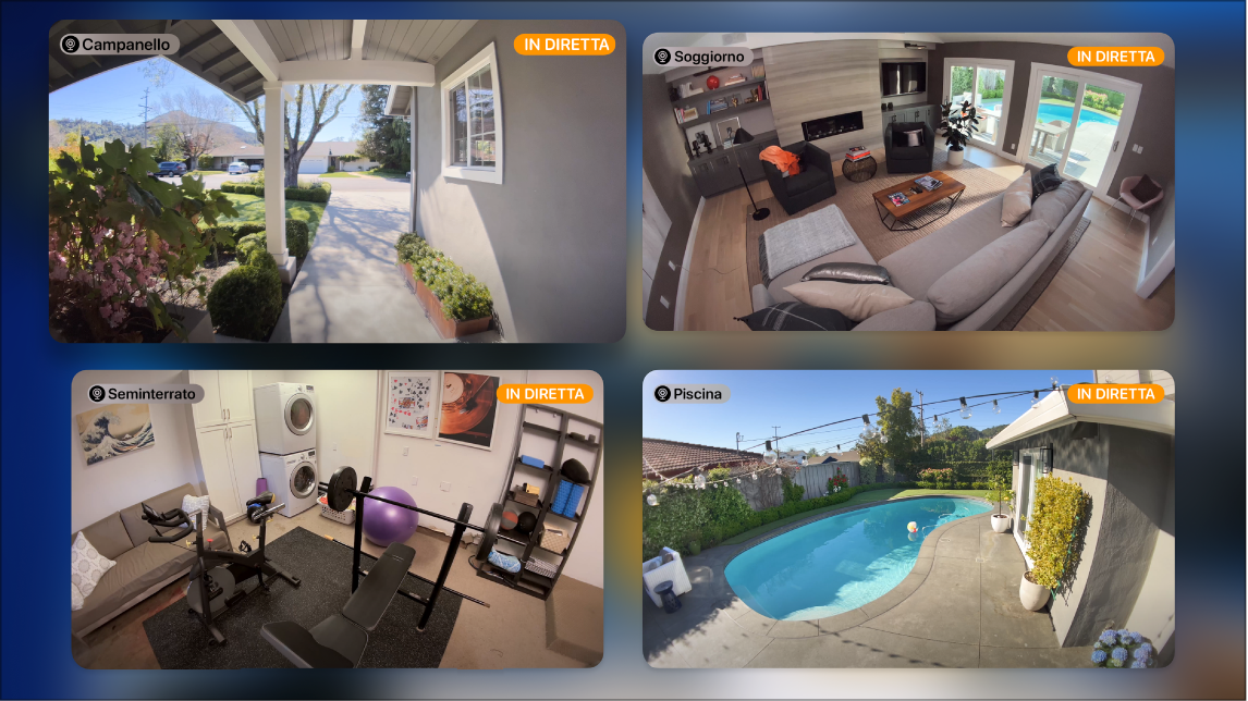 Schermata di Apple TV che mostra più telecamere dalla vista di Apple Home