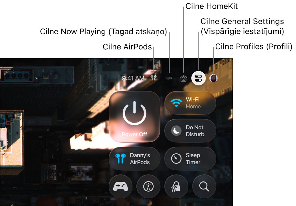 Ilustrācija, kurā redzamas cilnes izvēlnē Control Center