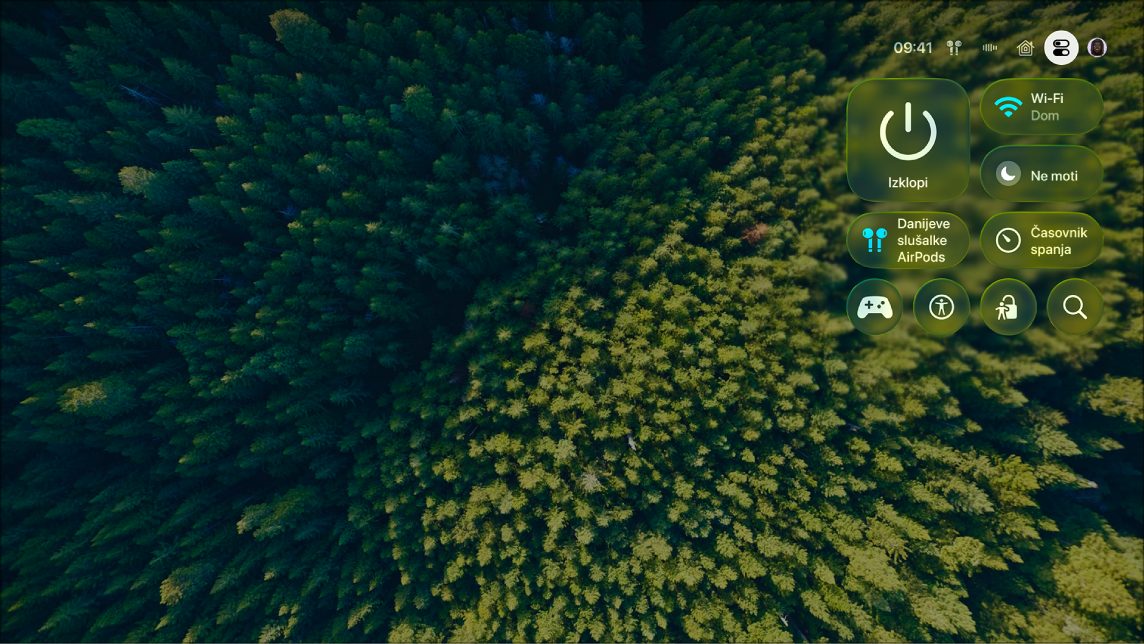 Zaslon Apple TV, ki prikazuje Nadzorno središče.