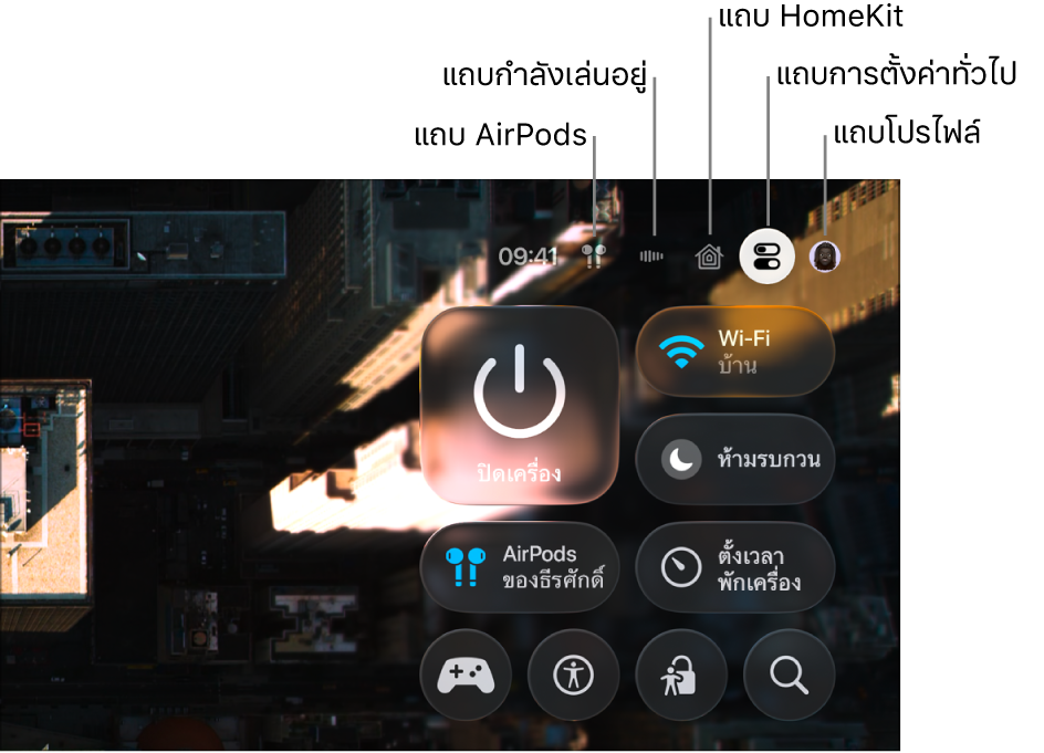 ภาพประกอบที่แสดงแถบในศูนย์ควบคุม