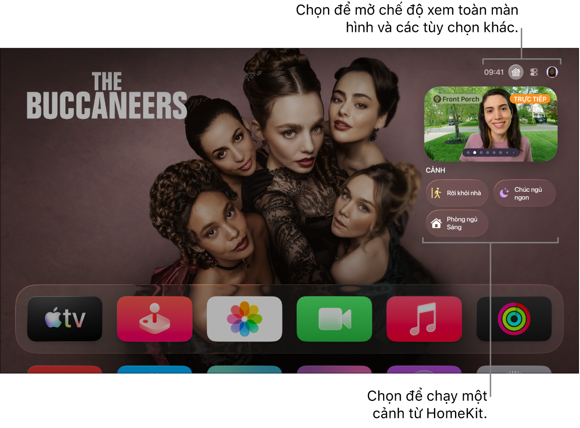 Màn hình Apple TV đang hiển thị tab Nhà Apple.