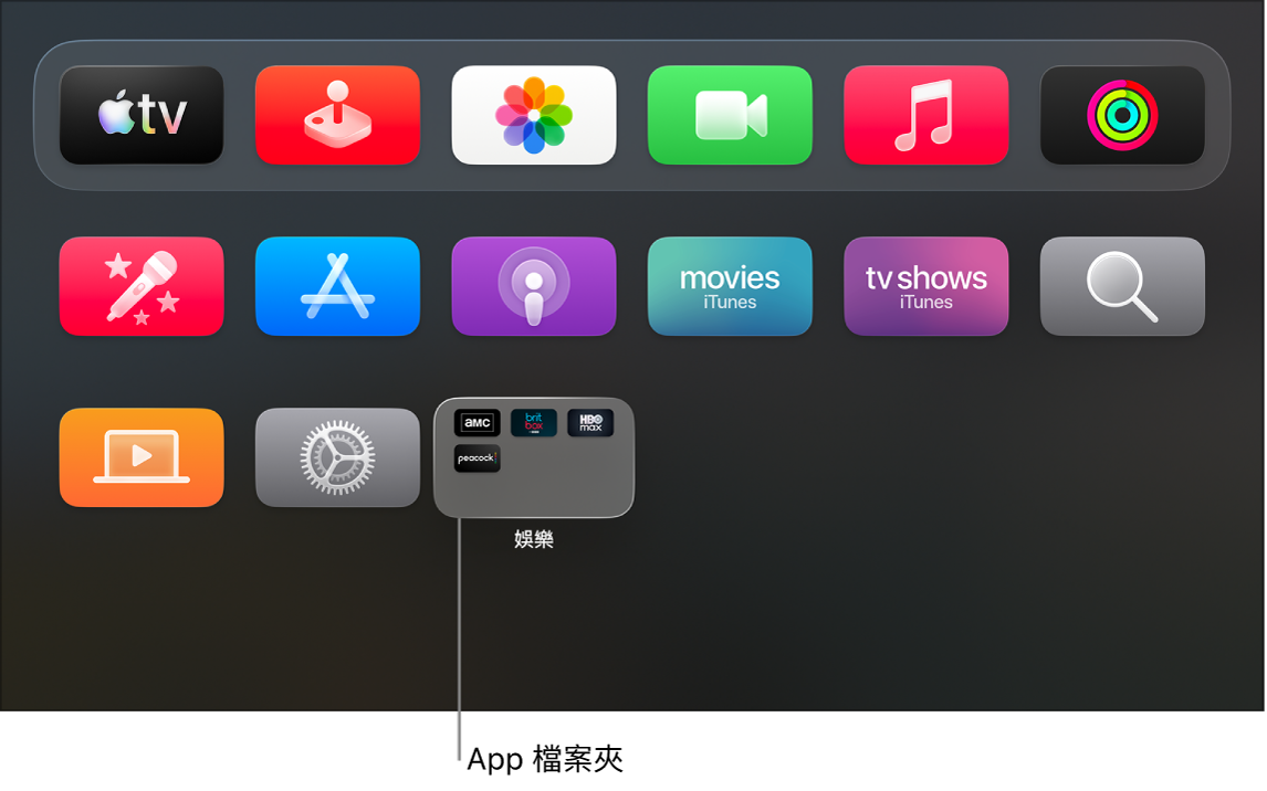 Apple TV 主畫面顯示一個 App 檔案夾。