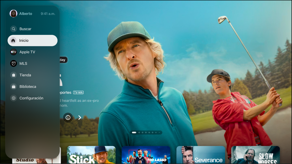 Pantalla mostrando la barra lateral en la app Apple TV