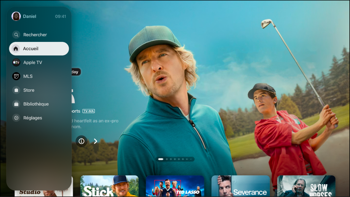 Écran montrant la barre latérale dans l’app Apple TV