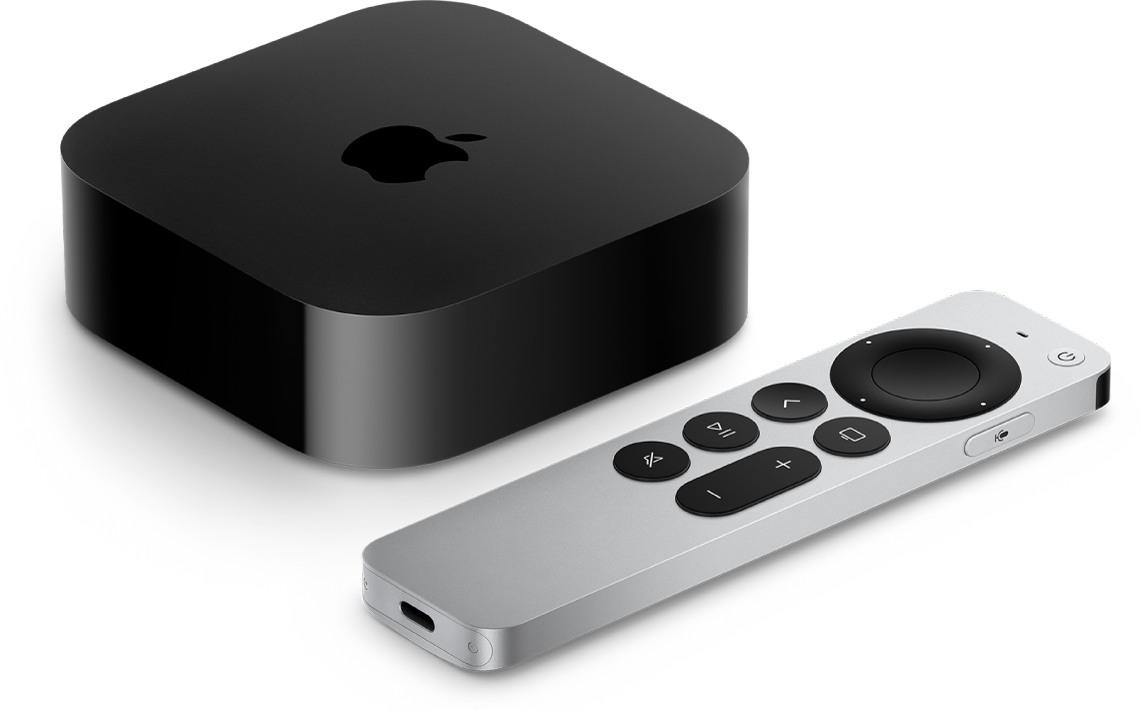 Une Apple&nbsp;TV et une télécommande Siri Remote sont affichées